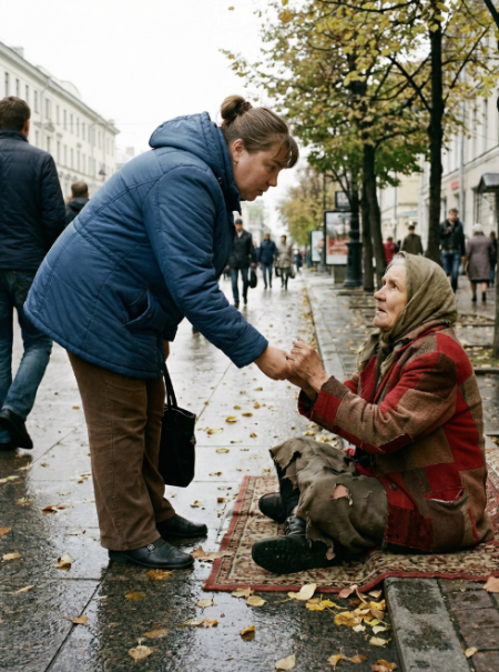 The woman left the old woman some change every day, but one day, when she bent down to throw a coin, the old woman grabbed her hand: “You have done so much good for me… don’t go home today.”