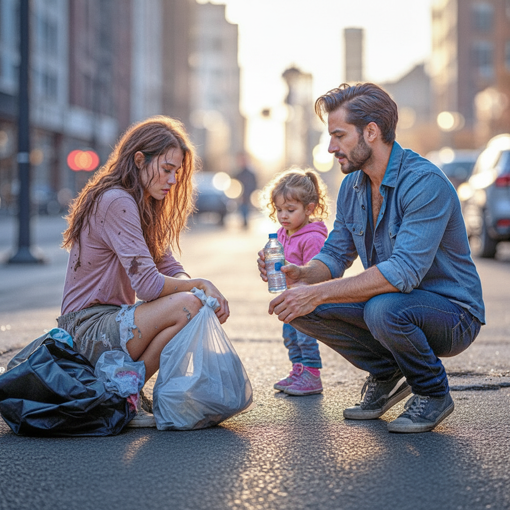 HOMELESS YOUNG WOMAN BEGGED FOR HELP, UNTIL A MILLIONAIRE WIDOWER AND HIS DAUGHTER KNEELED DOWN IN FRONT OF HER.