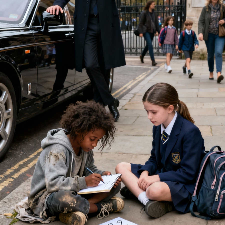 A Billionaire Pulled Up to His Daughter’s School and Saw a Homeless Girl Teaching Her on the Sidewalk—What follows stuns everyone!