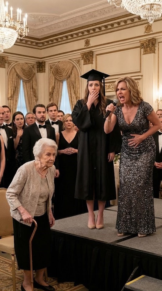 At my graduation celebration, my mother stormed up, grabbed the microphone, and screamed, “LOOK at my stomach! This girl destroyed my modeling future and cost me two million dollars!” Then she demanded my hospital signing bonus as “payment.” The entire room went still—until my grandmother finally rose and spoke.