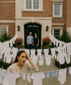 My husband went on a business trip, but when I visited my in-laws, I was sh0cked to see baby diapers hanging all over the yard.