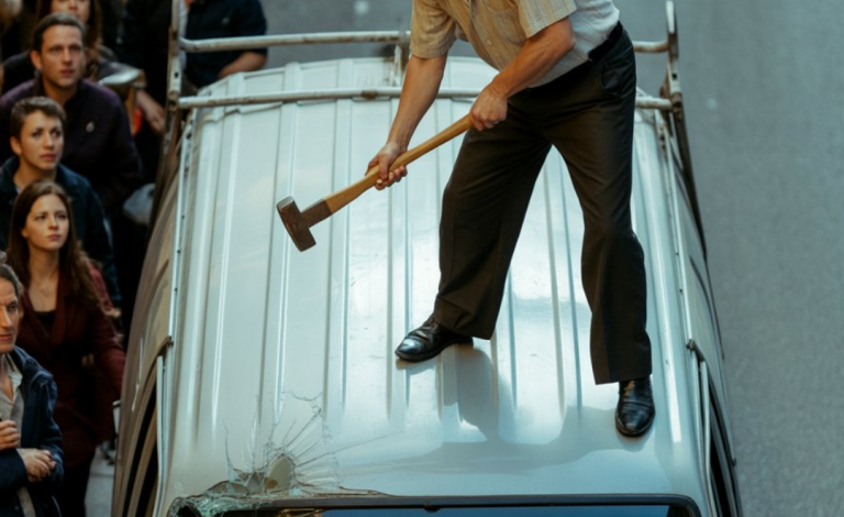 A man stood on the roof of a car and destroyed it with a sledgehammer: when the police arrived and discovered the reason, everyone was in shock