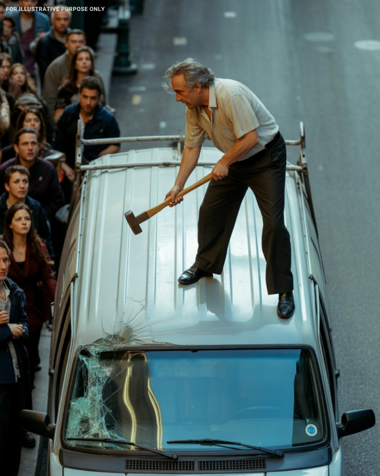 A man stood on the roof of a car and destroyed it with a sledgehammer: when the police arrived and discovered the reason, everyone was in shock