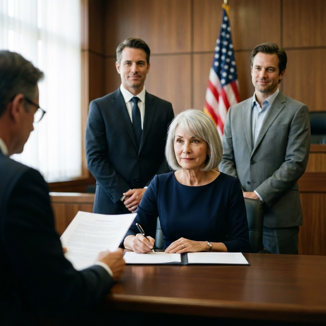 I let my late husband’s kids take the entire estate, the company, and every last dollar, then I signed the paperwork without a single argument. They walked into the courtroom wearing confident smiles, while everyone looked at me like I’d completely given up. When the judge asked if I understood what I was agreeing to, I simply nodded and signed, calm enough to make them even more certain they’d won. But the moment their attorney reached one short sentence quietly tucked into the agreement, he stopped cold and asked the judge for a few minutes. The smiles around me faded, slowly but unmistakably, because that “easy win” suddenly didn’t feel easy anymore.