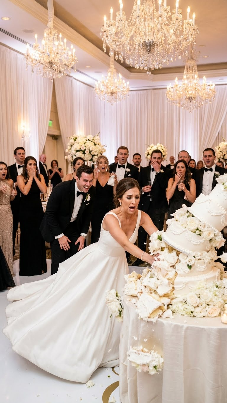 While my husband and I were cutting the wedding cake, he suddenly shoved me from behind. I fell straight into the cake—my dress ruined, the moment destroyed—while he stood there laughing.