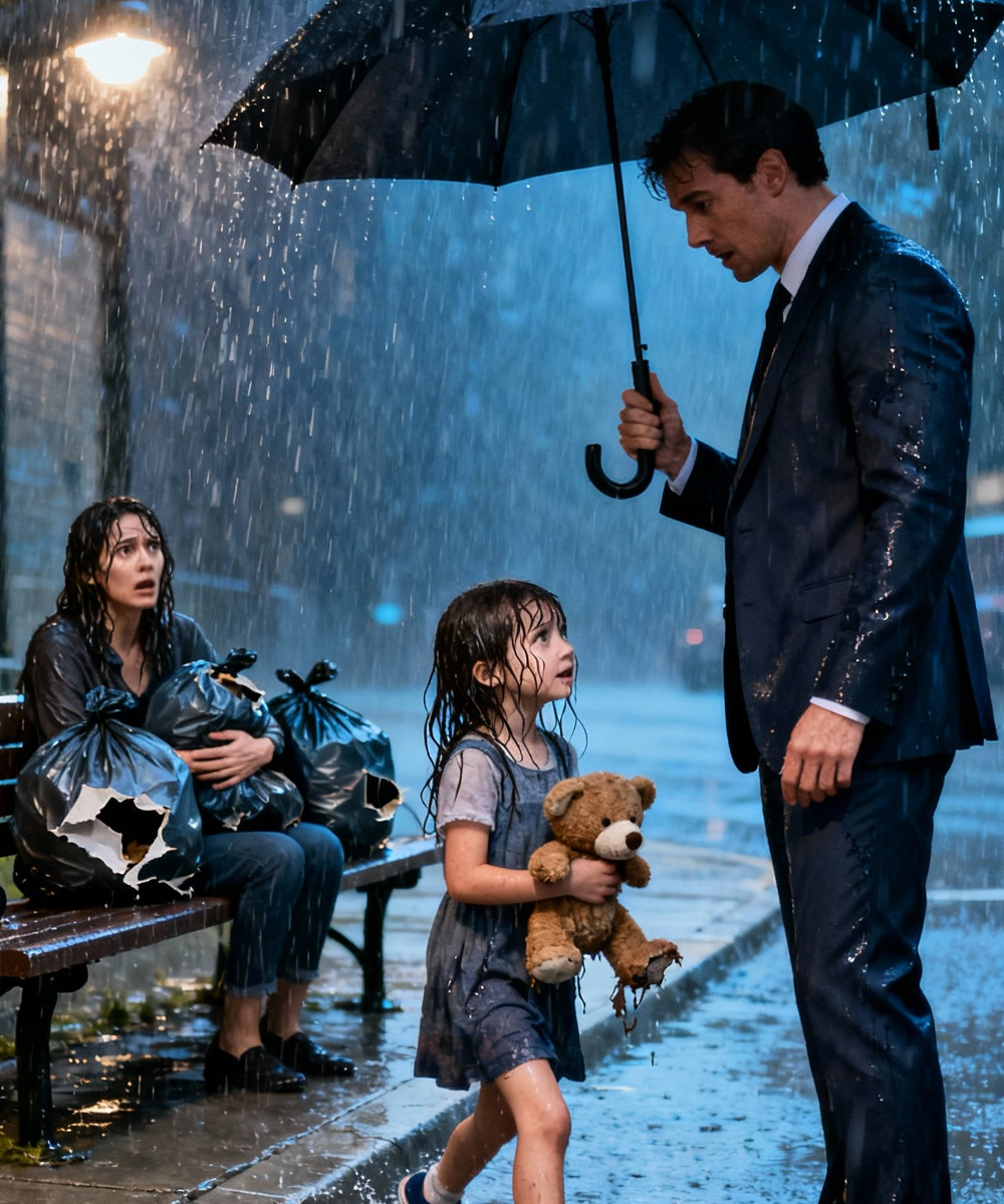 Soaking Wet at a Bus Stop with Nowhere to Go, My Daughter Pointed at a Man in a Suit and Whispered, ‘Is He One of the People Who Never See Us, Mommy?’ — I Laughed Through My Tears… Until He Crossed the Street. His Answer Turned Our World Upside Down