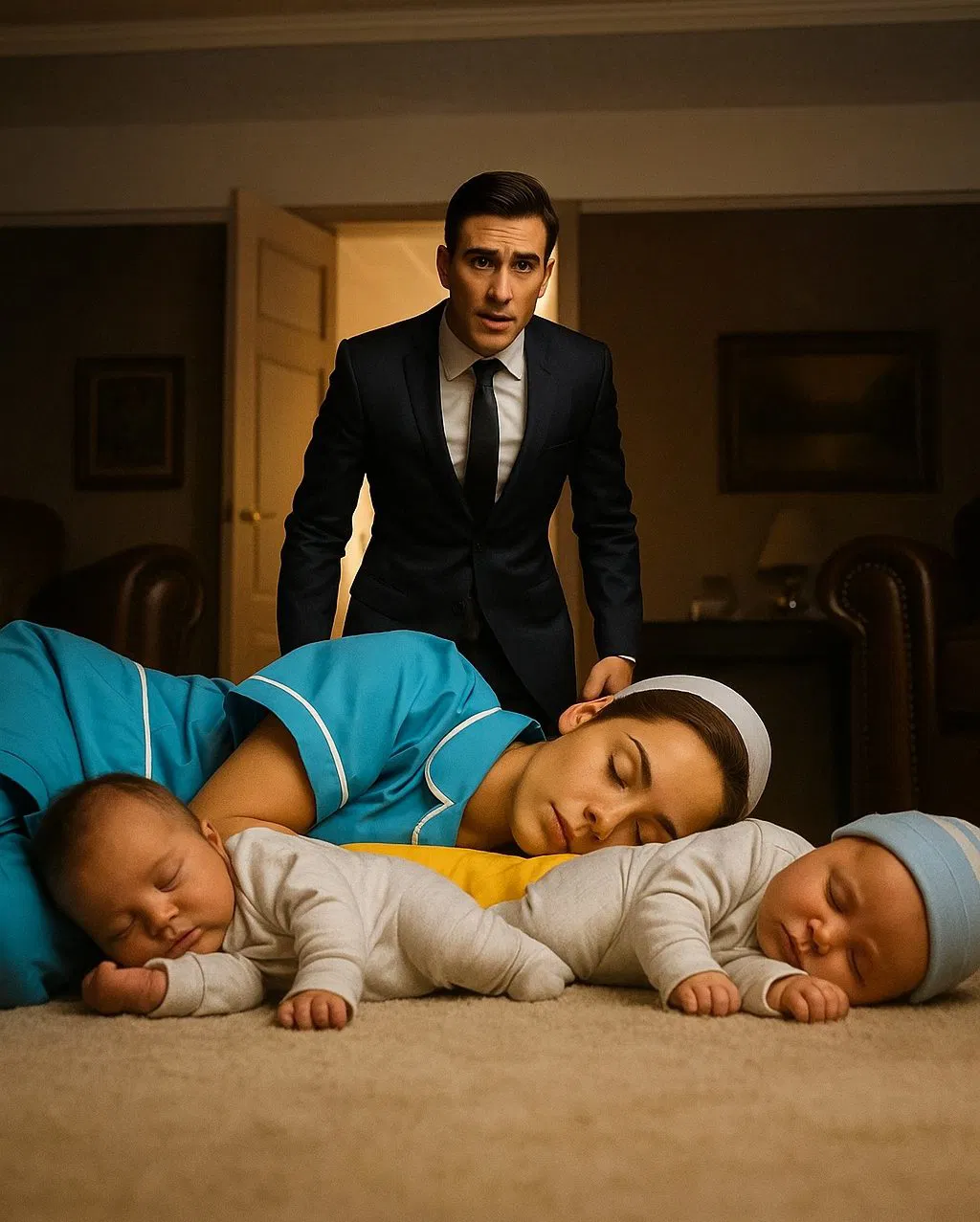 The millionaire walked in at midnight and froze when he saw the cleaning lady sleeping next to her twins.