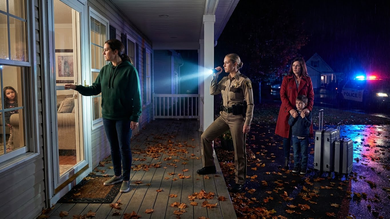 The police officer’s flashlight slid across our front porch like a slow blade, catching the peeling paint on the railing, the welcome mat that hadn’t felt welcoming in weeks, the edge of the door I’d been terrified to lose.