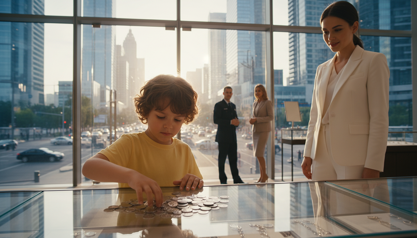 A ragged boy silently entered a luxury jewelry store and poured thousands of cold coins onto the gleaming glass… and in that single moment, the entire room forgot how to breathe.