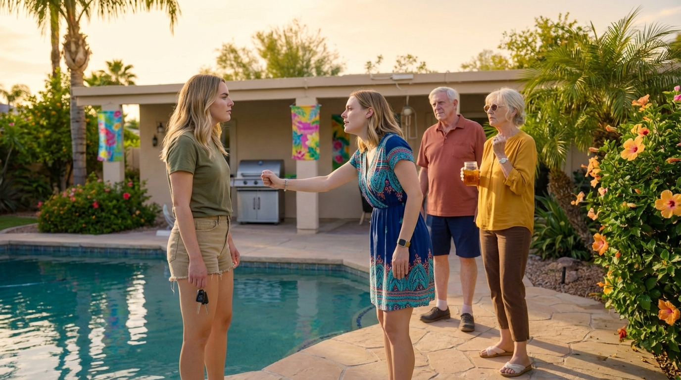 She smiled as my work laptop sank in my parents’ Phoenix pool, and my dad just said, “That’s the price of not helping family.” I didn’t scream—I scooped it out, watched the little flag sticker curl, and walked away. By dawn my screen was a storm of missed calls, and Bri’s message was only two words: “Fix this.” She had no idea what I quietly set in motion that night.