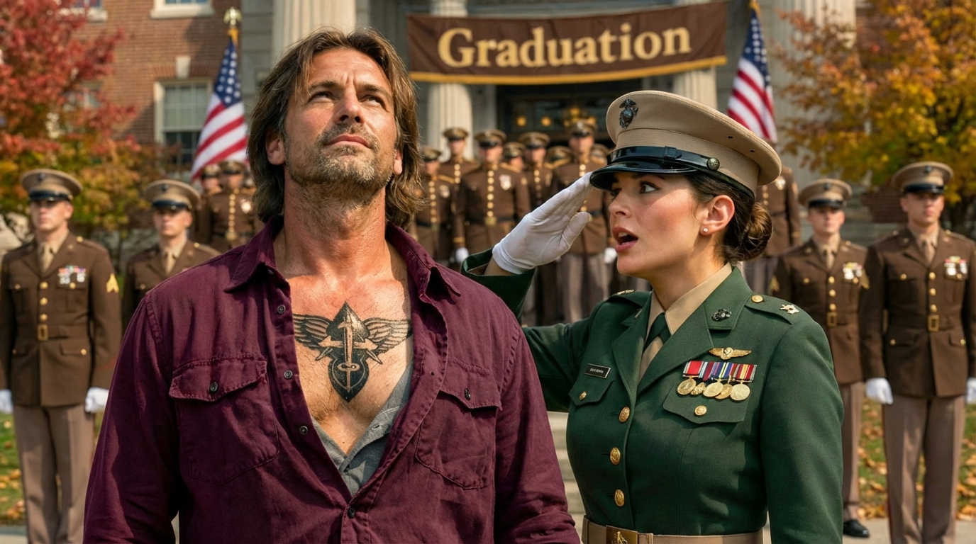 Single Dad Janitor Watched His Twin Girls Graduate — Until a USMC Captain Saw His Tattoo and Froze…