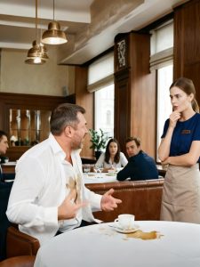 The restaurant owner yelled and insulted the waitress, although in fact he himself hit the glass with his elbow and spilled coffee on his shirt: but the waitress’s response left everyone in the restaurant in complete shock.