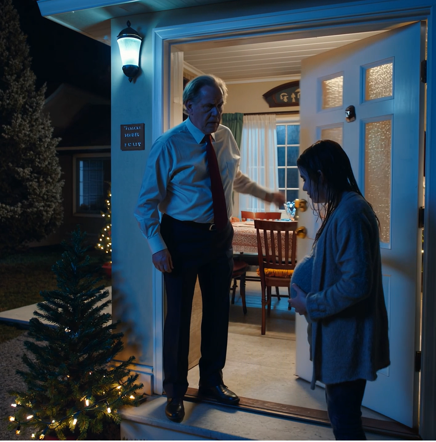 On Christmas Eve, the doorbell rang. A pregnant girl stood outside and asked, “Do you have any water?” My husband yelled, “We’re not a shelter — get lost!” and my daughter-in-law sneered, “She’ll contaminate the food.” I slammed the table and said, “Set another place. She’s eating with us.” They were furious and embarrassed. But at dinner, she revealed a birthmark that made my husband go white…