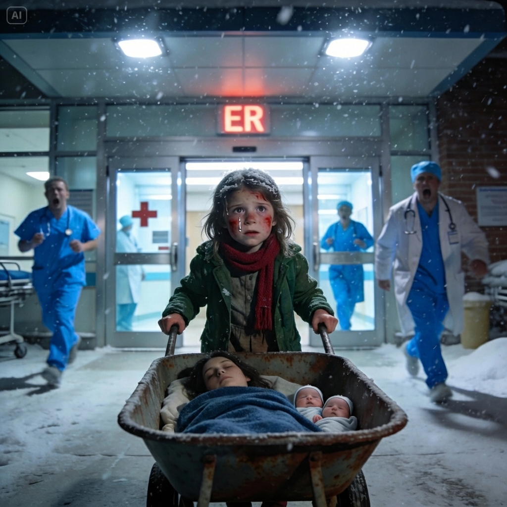 “The little girl pushed a rusty wheelbarrow through the cold because the bus didn’t stop on her street — what the emergency room discovered about the seven-year-old girl inside left the entire hospital silent.”