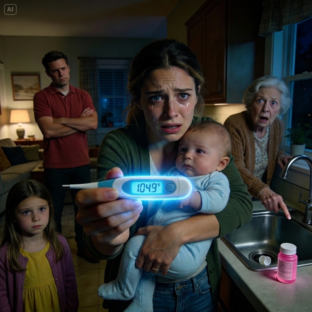 “When my baby’s fever reached 104 degrees, I begged everyone to believe me. My husband said I was just being dramatic. Then my seven-year-old daughter calmly said, ‘Grandma poured the pink medicine down the sink.’ After that sentence, everything fell into absolute silence.”