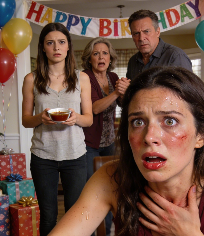 At my birthday party, my sister slipped something I’m severely allergic to into my meal and laughed it off like it was just a prank. I couldn’t believe it when my parents backed her up and told me I was being dramatic—until my throat started closing and I ended up in the hospital in full anaphylactic shock. Now they’re threatening to throw me out if I tell the police the truth. But when the cops showed up anyway, what happened next was something none of them expected.