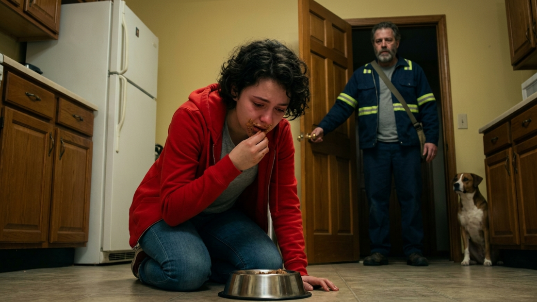 Azt hittem, egy átlagos este lesz… amíg be nem léptem a konyhába, és megláttam a lányomat, aki a földön térdelve eszik a kutya tányérjából.  Amikor megkérdeztem tőle, mi történik, a szavai megbénítottak.  A saját feleségem… a mostohaanyjával… átléptem egy olyan határt, amire soha nem számítottam.  De amit utána mondott, az még rosszabb volt.  A feleségem szerint a “bolondkártyával” ment el ruhát vásárolni… rám utalva. Abban a pillanatban megértettem, hogy valaki meg fog fizetni azért, amit tett. Amit majd csinálok, ha hazaérek… az mindent megváltoztat.