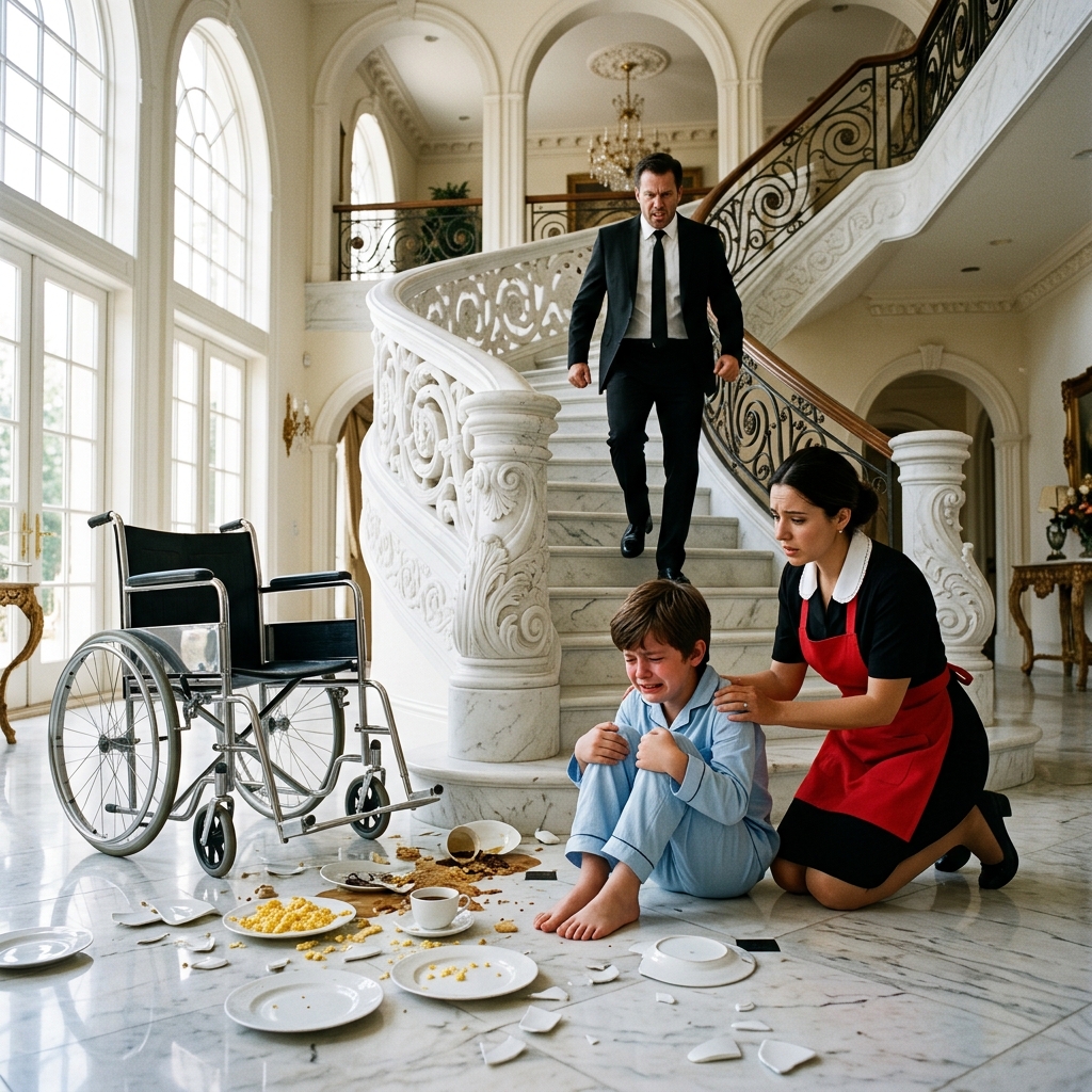 A gyerek leesett és enyhén megsérült a lábán, de amikor az apja mindezt látta, anélkül, hogy kiderítette volna az okát, tett valamit a szobalánnyal, ami mindenkit meglepett.  Aznap reggel makacsul ragaszkodott hozzá, hogy egyedül menjen le a lépcsőn.  Az apa mindig elfoglalt volt, és a fiú bizonyítani akarta, hogy segítség nélkül is tud járni, hiszen néhány hónappal korábban egy autóbaleset után kerekesszékhez volt kötve, és most az első lépéseit próbálta megtenni a felépülés útján.  Kezében a reggelivel teli tányérral lassan kezdett leereszkedni a lépcsőn. De mivel még nem volt teljesen felépülve, a gyerek megcsúszott és a földre esett. A tányér kicsúszott a kezéből, a földre esett és összetört.  Amikor a zajt meghallotta a szobalány — aki nemrég kezdett dolgozni ebben a házban, és a konyhában tartózkodott — odasietett a fiúhoz.  — Mi történt, kicsim? … Megütötted a lábad? — kérdezte gyengéden. 😥😥  A fiú a fájdalomtól nem tudott beszélni, csak enyhén bólintott és sírni kezdett. A szobalány megpróbálta kideríteni, hogy törésről van-e szó, vagy csak egy erős ütésről. Támogatta a gyereket a vállánál, hogy segítsen neki egyenesen ülni.  Ekkor gyors lépések hallatszottak fentről.  A fiú apja — egy szigorú és befolyásos milliárdos — gyorsan sietett le a lépcsőn komoly tekintettel.  Látta a fiát a földön, a törött edényeket, a térdelő szobalányt… és anélkül, hogy egy szót is hallott volna, anélkül, hogy megkérdezte volna, mi történt, odament hozzá, és tett valamit, ami mindenkit sokkolt.  A folytatást az első kommentben olvashatjátok. 👇👇👇