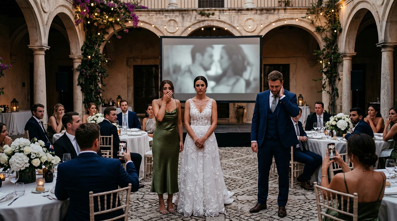 Ahogy a fogadalmaim éppen elkezdődtek, a koszorúslányom megvetően elmosolyodott, és felkiáltott: „Bocsánat, menyasszony… A fiával vagyok terhes.” Azonnal kitört a botrány, és mindenki a vesztemre várt. De én nem sírtam, és nem is hátráltam meg. Csak a mögöttünk lévő képernyőre mutattam, és azt mondtam: „Tökéletes… most meglátod az egész igazságot.” A következő nemcsak az esküvőt ölte meg, de minden megtévesztést eltemett. És senki sem volt felkészülve arra, ami ezután jött.