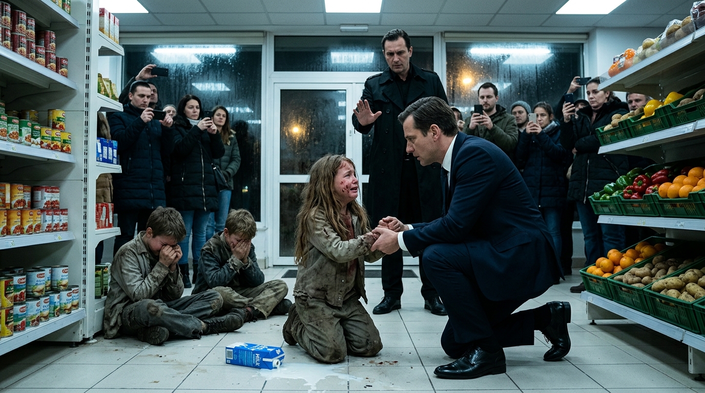 Egy boltvezető kihívta a rendőrséget egy nyolcéves hajléktalan kislányra, aki ellopott egy doboz tejet – aztán egy milliomos lépett közbe, és minden megváltozott…  Hajnal óta hideg eső esett, Portland belvárosának járdáit hosszú, koszos tükörké változtatva – a neonfények úgy mázolódtak a pocsolyákon, mint a kiömlött festék. A nyolcéves Lily Carter egy kis élelmiszerbolt előtt ólálkodott, karjai szorosan átölelve magát, egy túl vékony kabát lógott a vállán, mintha valaki másé lenne. Cipője túlméretezett volt, a fűzői kétségbeesetten összecsomózva, hogy ne csússzanak le. Az üvegajtókon keresztül figyelte a meleg fényeket és az emberek könnyed mozgását, akik kenyeret, gyümölcsöt, kávét szedtek fel – mintha az éhséget azzal oldaná az ember, hogy egyszerűen csak nyúl érte.  Mögötte, a bolt melletti keskeny sikátorban megbújva, két apró hang remegett.  – Lily… – suttogta négyéves öccse, Evan. – Fáj a hasam.  A húga, Mia – aki csak kétéves volt – már szavakat sem tudott kinyögni. Csak sírt gyenge, könnyed zokogásban, sápadt arca nyirkos volt, teste kisebbnek tűnt, mint kellett volna.  Lily nagyot nyelt, elfojtva a torkában feltörő pánikot. Az utolsó igazi ételük egy fél müzliszelet volt, amit valaki előző este a buszmegálló közelében ejtett el. Az anyjuk hetek óta eltűnt – Lily nem tudta, hová, és nem hagyta, hogy az elméje olyan képeket fessen, amelyeket nem élhet túl. Csak egyet tudott: ha nem hoz vissza valamit hamarosan, Evan és Mia abbahagyhatják a sírást.  És ez a gondolat jobban megrémítette, mint bármi más.  Így hát belépett.  A meleg levegő és a sült kenyér illata úgy csapta meg, mint valami, amit nem szabadna kívánnia. Lassan elindult a folyosón, alacsonyan tartva a vállát, próbálva úgy tenni, mintha oda tartozna – mintha nem számolná minden lélegzetvételét. Újra ellenőrizte a zsebében lévő érméket.  Tizenkét cent.  Semmire sem elég.  Aztán meglátta: egy kis doboz tej az elülső hűtőben. Nem egy nagy doboz. Nem egy családi méretű kancsó. Csak egyetlen doboz.  Csak egy, mondta magában. Nekik.  Lily kinyújtotta a kezét, becsúsztatta a kabátjába, és a kijárat felé fordult. A szíve olyan hangosan vert, hogy biztos volt benne, hogy a pénztáros is hallja a hűtőszekrények zümmögése miatt.  Nem sikerült neki.  „Hé!”  A hang ostorcsapásként csattant fel mögötte.