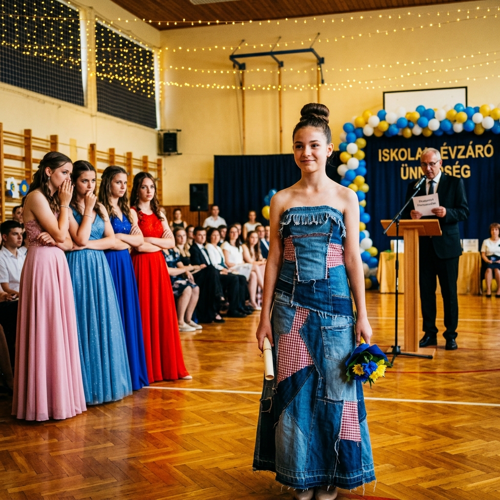 Apám ingeiből varrtam egy ruhát a szalagavatómra… Amikor az osztálytársaim elkezdtek nevetni, azt hittem, életem legnagyobb hibáját követtem el. De aztán az igazgató elvette a mikrofont… és az egész terem elcsendesedett.  Anyukám meghalt a születésem napján.  Így egész életemben csak apukám és én voltunk.  Furcsa, de boldog csapat voltunk.  Megtanult olyan dolgokat csinálni, amiket anyukák általában tanítanak. Minden reggel iskola előtt becsomagolta az ebédemet. Vasárnap palacsintát sütött, bár az első néhány mindig megégett.  Amikor nyolcéves voltam, úgy döntött, megtanulja, hogyan kell befonni a hajam.  Heteket töltött YouTube-oktatóanyagok nézésével, mire végre sikerült.  Emlékszem, hogy minden reggel úgy koncentrált, mintha egy mérnöki problémát oldana meg.  “Ha anyukád most látna” – mondta nevetve -, “büszke lenne a fodrásztudásomra.”  Apukám gondnokként dolgozott a környékünkön lévő középiskolában.  Nem keresett sokat.   De mindig mondott valamit:   „Talán nem adhatok meg neked mindent, amit másoknak van… de mindig lesz szereteted.”   És komolyan is gondolta.   Tavaly minden megváltozott.   Rákot diagnosztizáltak nála.   Először megpróbálta eltitkolni. Azt mondta, csak fáradt a munkától. De apránként elkezdett fogyni, az energiája csökkent, és elkezdett elaludni a kanapén.   Egyik este leültem mellé a konyhában.   „Apa… mondd el az igazat.”   Szomorúsággal telt meg a szeme.   Ekkor tudtam, hogy valami nagyon nincs rendben.   A következő hónapok kórházak, kezelések és kínos csendek keverékei voltak.   De volt valami, amiről apám állandóan beszélt.   A ballagásom.   „Látni akarlak, ahogy lemész a színpadra” – mondta. „Aznap olyan hangosan fogok tapsolni, hogy mindenki tudni fogja, hogy a lányom vagy.”   Mosolygott, amikor ezt mondta.  Mintha ígéret lett volna.  De az életnek néha más tervei vannak.  Néhány hónappal a szalagavató előtt meghalt.  Úgy éreztem, mintha a világom ezer darabra hullott volna.  A nagynénémhez költöztem.  Hetek teltek el.  Az iskolában minden lány a szalagavatóról beszélt. Ruhákról, cipőkről, sminkről, frizurákról.  Drága ruhákról.  Dizájner ruhákról.  Csendben hallgattam.  Egyik délután kinyitottam a dobozt, amiben a nagynéném apám holmiját tartotta.  Fényképek voltak benne.  Egy régi óra.  És rengeteg ing.  Apám mindig ingben járt dolgozni.  Kékeket.  Fehéreket.  Csíkosakat.  Azt vicceltük, hogy a szekrénye úgy néz ki, mint egy ingbolt.  Ahogy megérintettem azokat az anyagokat… támadt egy ötletem.  Egy ötlet, ami először őrültségnek tűnt.  Úgy döntöttem, hogy apám ingeiből varrom a szalagavató ruhámat.  Azt akartam, hogy velem legyen aznap este.   Így hát elkezdtem vágni az anyagot.   Varrni.   Kipróbálni a mintákat.   A nagynéném néhányszor segített, bár először túl kockázatosnak tartotta.   De amikor befejeztem…   Megnéztem magam a tükörben.   A ruha egyszerű volt.   Gyönyörű a maga módján.   A különböző ingek anyagai egyedi mintát alkottak.   És abban a pillanatban valami furcsát éreztem.   Mintha apám mellettem lett volna.   Mosolyogva.   Így hát elmentem a bálba abban a ruhában.   Büszkén.   De amikor beléptem a bálterembe…   minden megváltozott.   Az osztálytársaim elkezdtek bámulni.   Suttogva.   Egy lány felkiáltott hátulról:  „EZ A RUHA A GONDOSKÖNYVÜNK RONGYÁBÓL KÉSZÜLT?”  Egy fiú nevetett.  „EZT VISELSZ, HA NEM MEGENHEDTED MEG EGY IGAZI RUHÁT?”  Kitört a nevetés.  Az arcom olyan volt, mintha lángolna.  Néhányan elhúzódtak, mintha a ruhám valami szégyenletes dolog lenne.  Egy másik hang felkiáltott:  „Ez a ruha undorító!”  A szemem megtelt könnyel.  El akartam tűnni.  El akartam futni.  Aztán…  a zene hirtelen elhallgatott.  Csend borult a teremre, mint egy nehéz függöny.  Az iskolaigazgató, Mr. Bradley, lassan a színpadhoz sétált.  Felvette a mikrofont.  Végignézett az egész teremen.  És határozott hangon mondta:  „Mielőtt folytatnánk az ünneplést… van valami, amit mindannyiótoknak hallania kell.”  A nevetés elhallgatott.  A terem teljesen elcsendesedett.  Aztán az igazgató egyenesen rám nézett… engem.  És olyan szavakat mondott, amiktől az egész testem lefagyott…  A 2. rész a hozzászólásokban található