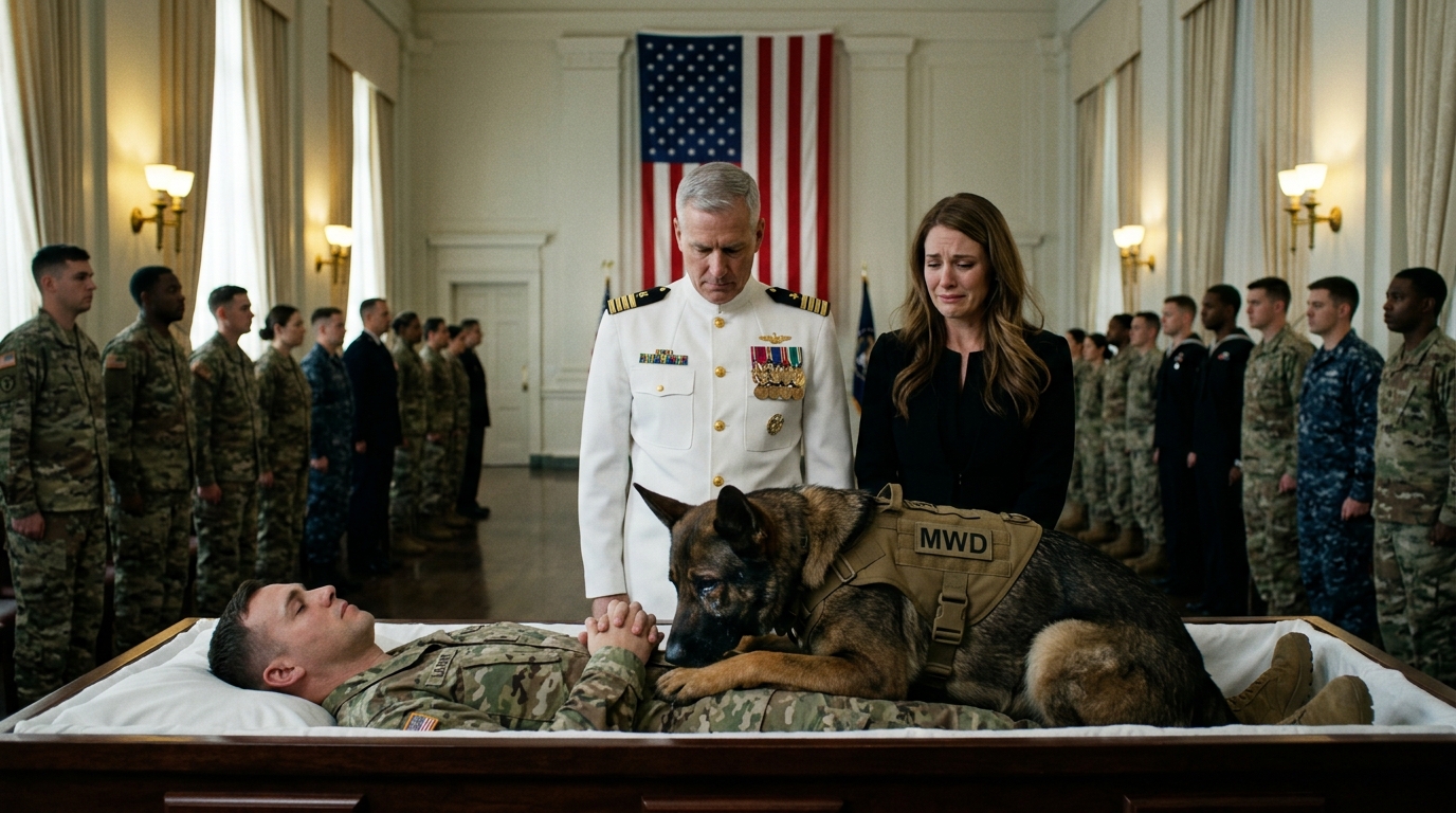 „’Vegyétek ki azt a kutyát a koporsóból – őriz valamit!’ – A temetési figyelmeztetés, amely leleplezett egy SEAL-információkat áruló parancsnokot” 1. rész „Vegyétek ki azt a kutyát a koporsóból – MOST, mielőtt valaki megsérül!” A Coronado haditengerészeti bázis kápolnája megmerevedett, amikor Ranger katonai munkakutya előretört. Az egyik pillanatban még tökéletesen sarokba szorítva ült, a következőben felugrott, mancsai a csiszolt fának csapódtak, és pajzsként zuhant a nyitott koporsóba. Az elesett operátor – Adrian Hale törzsőrmester – díszegyenruhában feküdt, a zászló a közelben összehajtogatva, a gyász sós levegőként lebegett a szoba felett.  Ranger nem nyafogott. Nem nyalogatta a gazdája arcát. Valami sokkal riasztóbbat tett: testét Hale mellkasára hajtotta, és morgott egy mély, vibráló figyelmeztetést, ami két koporsóvivőt megállított lépés közben. Amikor a temetkezési vállalkozó közeledett, Ranger felé fordította a fejét, kivillantott fogakkal – nem azért, hogy támadjon, hanem hogy megakadályozza a hozzáférést.  A legtöbb ember szívfájdalmat látott. Luis Navarro parancsnok, a bázis biztonsági tisztje, látta a kiképzést.  „Ez a védőállás” – motyogta Navarro, és összeszűkült a szeme. „Egy értéket őriz.” Egy tengerészgyalogos hátul suttogta: „A kutyák is gyászolnak. Hagyjuk békén.” Navarro megrázta a fejét. „Ne így. Ne ezzel a kapuőrködéssel.” Az első sor közelében álló Vivian Park, Hale egykori menyasszonya és a haditengerészet hírszerzési elemzője hideg, fókuszált figyelemmel meredt Rangerre, amit a gyász nem tudott elmosni. Vivian pályafutását azzal töltötte, hogy megtanulja a különbséget az érzelem és a jelzés között. Ranger viselkedése jelzésre utalt. Lassan előrelépett, tenyerei láthatóak voltak. „Nyugi, fiú” – mondta gyengéd, de pontos hangon. Ranger morgása nem szűnt meg – amíg fel nem ismerte az illatát. A füle megrándult. A vállában lévő feszültség egy kicsit enyhült, mint egy félig nyitott zár kattanása. Vivian előrehajolt, és észrevette, hol lebegett Ranger orra: Hale kék ruhájának bal mellzsebében. Elállt a lélegzete. – Nem Adriant védi – suttogta. – Azt védi, amit Adrian elrejtett.  Navarro tiltakozni kezdett, de Vivian már két ujjal nyúlt a zseb felé, ügyelve arra, hogy ne keltse fel a kutyát. Ranger mozdulatlanul maradt – figyelmes, remegett a visszafogottságtól.  Vivian előhúzott egy apró, műanyagba csomagolt tárgyat: egy microSD-kártyát. A szobában lévők nem értették, mit jelent. Vivian igen. Látott már ilyet korábban – terepen ledobott bizonyítékok, végső mentsvárként szolgáló halott ember biztosítás, az a fajta adat, amit akkor hordozol, amikor nem bízol a parancsnoki láncodban.