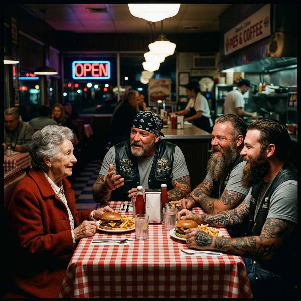 Egy idős nő egyedül ült egy útszéli étkezdében, miközben egy csoport motoros lépett be, és az egész szoba elcsendesedett – de amikor megemlítette lánya tetoválását, senki sem vette észre, hogy az éppen egy tizenkét hosszú évre eltemetett ígéretet tárt fel.  Egy idős nő egyedül ült egy csendes útszéli étkezdében, jelenléte szinte észrevétlen volt, amíg az ajtó ki nem nyílt. Ami ezután következett, az nem egy tipikus csend volt. Nem a szokásos csend volt, ami akkor telepszik le, amikor egy tányér eltörik, vagy amikor egy heves vita elhalkul. Nem, ez valami sokkal nehezebb, intenzívebb volt. Egyfajta csend, ami a füledbe nyom, betölti a szobát, és mintha szorítaná a mellkasodat, megnehezítve a légzést. Hat férfi lépett be egymás után, nehéz csizmáik lassú, megfontolt ritmusban kopogtak a linóleumpadlón. Évek óta megpuhult bőrmellényt viseltek, és a testükön lévő fémláncok minden lépésükkel halkan zörögtek. Nem kellett egy szót sem szólniuk – minden egyes folt, amit viseltek, sokatmondó volt. 2. rész kommentben