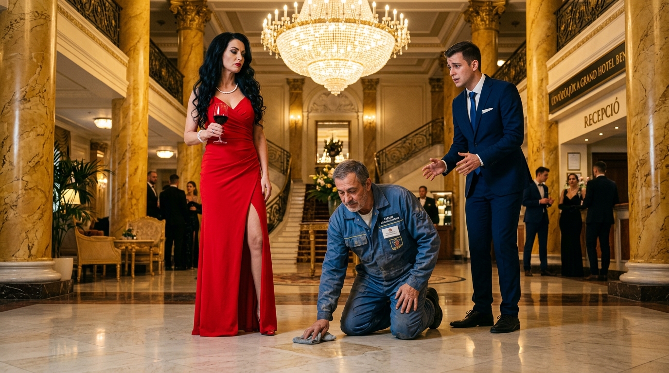 Megrágalmazták a férfit, aki a padlót takarította… anélkül, hogy tudták volna, hogy ő a hotel tulajdonosa. Egy milliomosokkal teli gálán egy elegáns nő egy pohár bort öntött az éppen tisztított padlóra, csak hogy kigúnyolja a dolgozót.