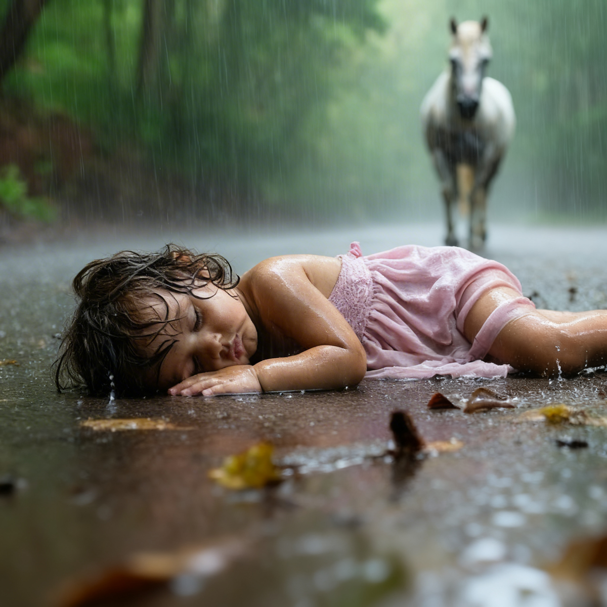 Minden apa fél attól, hogy elveszíti a fiát egy viharban. De mi történik, ha ugyanaz az apa hagyja magára a lányát? Ez az igaz történet összetöri a szívedet, mielőtt teljesen begyógyítanád. Képzeld el: Eső csapódik egy drága autó ablakainak. Egy luxus szedán megáll egy sötét erdő szélén. Richard Hale, egy milliókat érő üzletember, kijön, és egy ötéves kislányt rángat ki a hátsó ülésről, mint a tiszta szemetet. A láztól égő csibe alig tud felállni remegő lábaival. De itt válik lenyűgözővé a dolog. Richard besétál az erdőbe, és otthagyja a kis Lily Grace-t a sárban. Ne gyere vissza még egyszer sem. Ez az ártatlan kislány, akit betegség remegett és születésekor teljesen süket volt, ott áll eszméletlenül, miközben az eső eláztatja a kis rózsaszín ruháját. Nos, azt gondolhatod, hogy ez a történet tragédiával végződik, de a természetnek más tervei voltak. Egy pompás fehér ló, Vihar, mindent az árnyékból figyelt. Amit ez az állat ezután tesz, az megdöbbent. Vihar odalép az eszméletlen kislányhoz, és azonnal érzi, hogy valami nincs rendben. Hihetetlen gyengédséggel egy ilyen hatalmas teremtményhez képest, fogaival megragadja Lily ruháját, és óvatosan vonszolni kezdi az erdőn keresztül. Sisakjaik ösztönösen megtalálják a legbiztonságosabb utat, elkerülve a lehullott ágakat és a veszélyes sziklákat. Kevesebb mint egy mérföldnyire található a Walker Farms. Anna, a gazda lánya, viharos éjszakákon mindig égve hagy egy lámpát az istállóban. Storm jól ismeri azt a helyet; ez az otthona, bár ő inkább szabadon barangol a környéken. Anna Walkert hirtelen felébreszti az istállóból hallatszó kitartó tüsszentés. Hajnali 4:23 van. Valami a hang tónusában megzavarja. Storm jól ismeri az állatai hangjait, és ez más. Felveszi a hule csizmát, és egy nehéz kabátot vet a fülemülére. Amikor kinyitom az istálló ajtaját, Anna megdermed a kocsifelhajtón. Storm a szalmában fekszik, fehér bundáját sárfoltok borítják. De Anna nem ettől kapja a szájához a kezét a sokktól. Az apró alak fekszik mellette, akit az állat hatalmas teste véd. Egy alig 5 éves kislány hevesen remeg a kis testéből áradó hő ellenére.  Anna sikoltozik, és apukáját hívja. Samuel Walker, egy 45 éves özvegy farmer percekkel később futva érkezik. A lányláz veszélyes. Samuel óvatosan megpakolja, míg Anna száraz takarókat készít elő. Amikor megpróbálnak beszélni a kislánynyal, valami rendkívülire döbbennek rá: semmit sem hall. De smaragdzöld szemei ​​éles intelligenciát mutatnak, ami mintha kárpótolna a hallás hiányáért. Walkerek Lilyt egy éjszakán át gyógynövényekkel és sok szeretettel tartják. Amikor végre felébred, a kislánynak sikerül mozgással közölnie a nevét… 👇 Olvasd el a teljes történetet az első hozzászólásban!