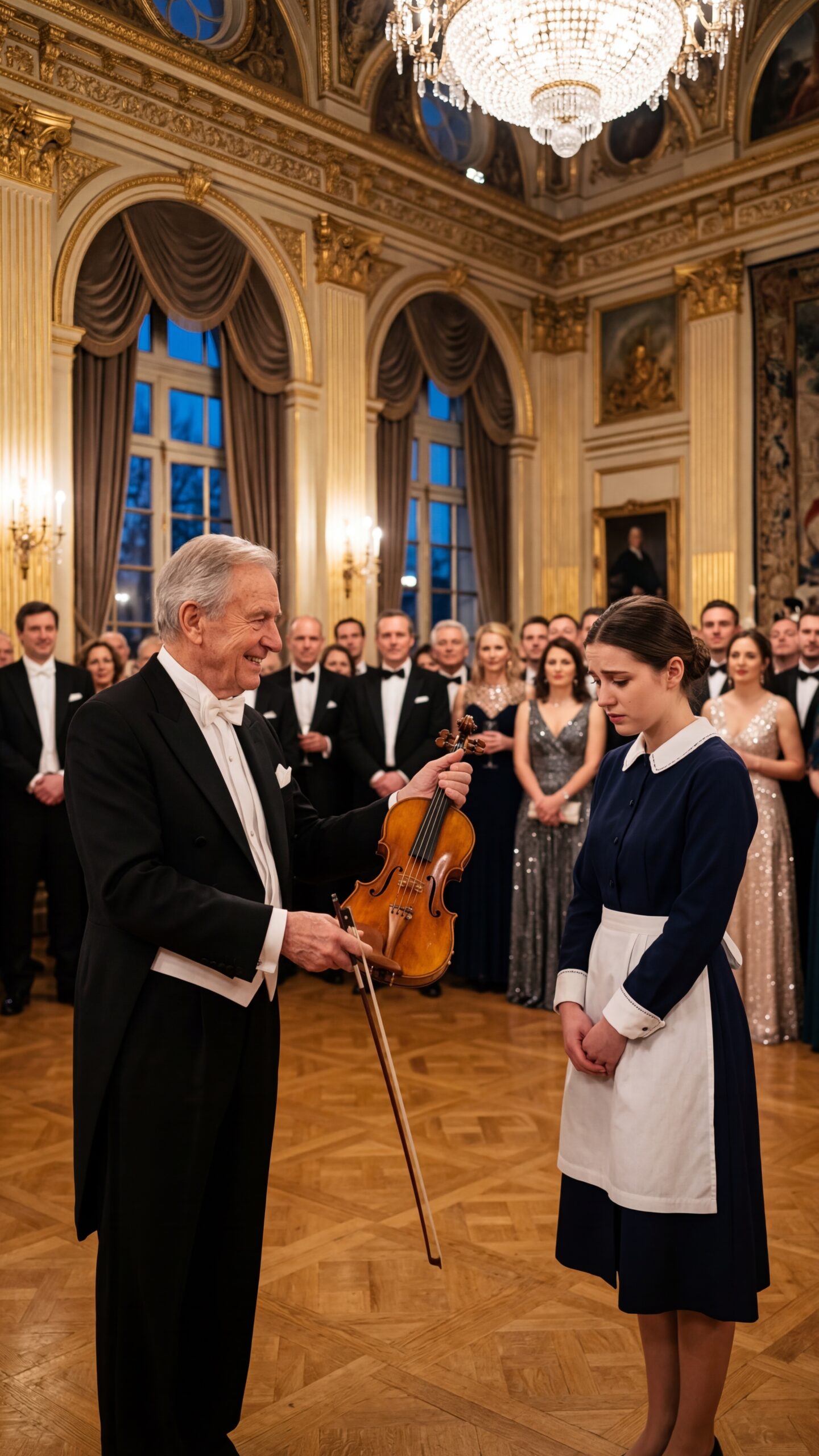 “If you play this violin I’ll marry you”: The millionaire mocked the waitress in front of everyone but the end left the living room in absolute silence The air in the great hall of the Armory House was saturated with suffocating luxury. The laughter of high society clinked in unison with bohemian glass glasses, creating a symphony of frivolity that bounced against the golden bread-clad walls and vast Venetian mirrors. From the ceiling, gigantic chandeliers poured a warm light on silk gowns, dazzling jewelry and flawless tuxedos. It was a night designed for flaunting, a theater where the rich played untouchable and those who served were less than shadows. Amidst that overwhelming splendor, Mauricio del Rio rose as the absolute monarch of the evening. Heir of an incalculable fortune, Mauricio was a man who had never heard the word “no.” He was moving with the arrogance of who believes that even oxygen belongs to him by the right of the cradle. Her curved smile, charged with refined cynicism, was the center of gravity in the hall. A few meters away from him, holding a heavy silver tray with champagne glasses, was Mara Quiroga. Her black uniform and her immaculate white apron were the armor she tried to become invisible with. She wore her hair up in a modest bun, her gaze low, her face devoid of makeup. To the guests, Mara was not a person; he was part of the furniture, a useful object that existed only to satisfy their whims. But Mara’s invisibility was about to shatter. Mauricio, bored of the empty flattery of his courtesans, decided he needed a more raw spectacle. Her predatory eyes laid on the fragile figure of the waitress. In slow paces and theatrics, he approached her. The hall, always watching the movements of its leader, began to fall silent. Mauricio took from a nearby table an antique violin, a collectible piece that was part of the night’s display, and held it high along with his bow. He gently tapped his own cup with the arc wood. The tinker cut the air. —Ladies and gentlemen —proclaimed Mauricio, with a deep voice denoting a perverse delight—. I think this magnificent night deserves an experiment, a touch of comedy. Servant laughs weren’t made to wait. Mauricio stopped right in front of Mara. The tray in the young woman’s hands began to shake imperceptibly. -If you play this violin – said Mauricio, raising his voice so that it would resonate in every corner of the immense hall -, I marry you right here. Words fell like a whip. For a moment, silence was absolute, immediately followed by an explosion of cruel laughs. The echo of those taunts crashed into the chandeliers, vibrated on the humming marble floor and slammed Mara’s face like physical slaps. Hundreds of eyes stripped her with despise, waiting to see her break, shed tears, drop the tray, and run away unafraid. -Go on, try it – whispered Mauricio, bringing his face closer to hers, with eyes gleaming with evil—. Do it, or go back to cleaning tables, which is all you’re good for. You are a simple maid. Art, beauty, greatness… they’re not made for your kind. Mara’s stomach contracted in a painful knot. The heat of humiliation soared down her neck and set her cheeks on fire. She felt the overwhelming weight of the crowd pushing her into the abyss. But his feet refused to retreat. She closed her eyes for a brief second, looking for air in that ocean of shame. In the darkness of his closed eyelids, he did not see the luxurious salon or Mauricio’s mocking face. He saw some delicate, nimble hands sliding over a slide. He heard a gentle voice, loaded with love and patience: “Don’t let the noise outside steal the music you carry inside.” The violin always recognizes those who really listen to it.” It was her mother’s voice. Renata Quiroga. Mara opened her eyes. Took a deep breath. With a slowness and grace that brutally contrasted with the audience’s expectations, he walked to a side table and dropped the silver tray without a single drop of champagne spilling. Laughter began to fade out, replaced by murmurs of confusion. Mauricio frowned, puzzled by that resistance, but quickly recovered his crooked smile. He stretched the violin and bow to him with an exaggerated bow. —Take it —the challenge—. Show us how your little theater collapses. Mara reaches out her hand. His fingers scratched the warm wood of the instrument. And then, her eyes caught a detail that made her heart flutter. Inside the open case that rested on the table, lay an old score. The handwritten notes, traced with unmistakable handwriting, shone on the yellow paper. It was her mother’s handwriting. It was a sign, a bridge through time. Mara grabbed the violin mast firmly, and in that moment, the frightened waitress disappeared forever. The entire living room held its breath, caught in the imminence of disaster or miracle, as the wood and the arch met under the golden light, about to unleash a storm that no one in the place was prepared to witness. READ FULL STORY BELOW. 👇