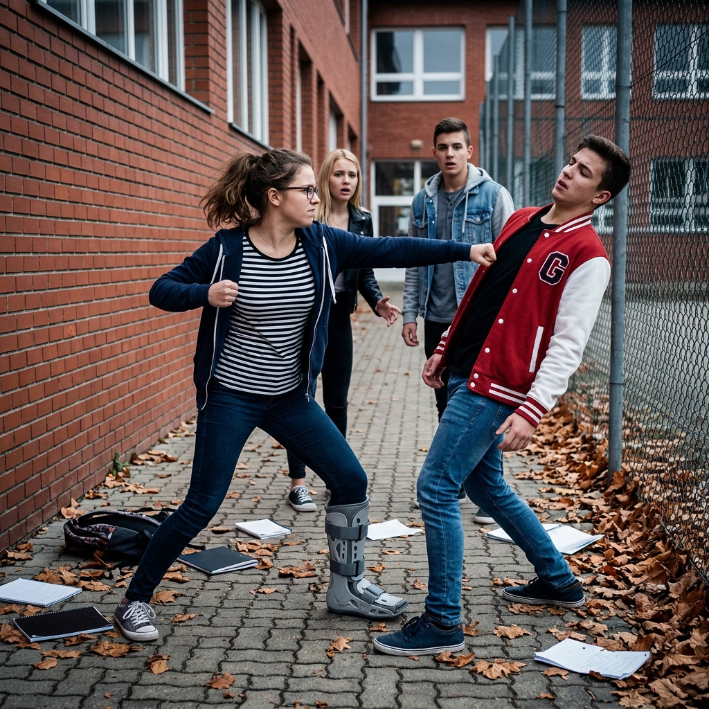 Gengszterek támadtak meg egy fogyatékkal élő lányt az iskolában – Fogalmuk sem volt, hogy harcművészeti csodagyerek Szeptember második hetére a West Ridge Középiskolában szinte mindenki látásból ismerte Mia Holloway-t. Ő volt az a lány, akinek a jobb lábán fémmerevítő volt. A lány, aki óvatosan mozgott a zsúfolt folyosókon. A lány, akit a tanárok szerettek, a diákok figyelmen kívül hagytak, és egy bizonyos fajta ember, akit könnyű prédának hittek. Mia emiatt nem panaszkodott. Tizenhét évesen már megtanulta, hogy a szánalom hangosabb lehet, mint a kegyetlenség, és néha ugyanolyan fárasztó. Jól tartotta a jegyeit, távol tartotta magát a pletykától, és hátizsákkal, nyugodt arckifejezéssel és azzal a fajta türelemmel járt óráról órára, amit az emberek gyengeségnek tévesztenek össze. Amit szinte senki sem tudott, az az volt, hogy a gyógytorna és a házi feladat után Mia hetente három este egy átalakított kis garázsban edzett Raymond Sato edző háza mögött. Nem trófeákért. Nem a közösségi médiáért. Nem azért, hogy bármit is bizonyítson az iskolában. Azért edzett, mert évekig tartó műtétek, fájdalom és mások által ráerőltetett korlátok bámulása után egyetlen csendes döntést hozott: soha senki nem fogja helyette eldönteni, hogy mire képes a teste.  Sato edző először az egyensúlyra tanította meg, majd az időzítésre, végül pedig a mozgás gazdaságosságára. Arra tanította, hogy erő helyett struktúrát használjon, sebesség helyett emelőt, pánik helyett türelmet. A merevítője megváltoztatta a mozgását, de nem vette el tőle. Idővel a harcmodorának részévé vált – kimért, megtévesztő, pontos.  Az iskolában azonban ezek közül semmi sem látszott.  A legtöbb diák számára ő csak a sántító lány volt, aki kémiakönyveket cipelt. És pontosan ezért figyelt fel rá Trent Colby.  Trent tizennyolc éves volt, széles vállú, hangos és gonosz, a fiúk lusta módján, akiket soha nem próbáltak komolyan kihívni. Szerette a közönség előtti kegyetlenséget. Egyetlen sértés négyszemközt semmit sem használt neki. Jobban szerette a folyosókat, a kávézókat, a parkolókat – olyan helyeket, ahol az emberek nevettek, mert megkönnyebbültek, hogy nem ők voltak azok. Lacey Boone általában mellette volt, keresztbe tett karral mosolygott, és olyan éles megjegyzéseket tett, hogy vérbefacsarhatott anélkül, hogy nyomot hagyott volna.  Hetek óta körözték Miát. Eleinte semmi drámai. Gúnyolták a tempóját. Berúgták a szekrényét, mielőtt odaért volna. Megkérdezték, hogy kell-e „különleges engedély” a folyosón való átkeléshez. Egy nap Trent a cipője orrával megkocogtatta a nadrágtartóját, és elvigyorodott.  „Az a valami pótkerekekkel van?” Az emberek nevettek.  Mia továbbment.  Ez csak még merészebbé tette.  Az igazi pillanat egy csütörtök délután jött el a tornaterem mögött, ahol a diákok átvágtak, hogy elérjék a buszsávot. Mia egyedül volt, egy történelemórára való plakáttartót cipelve, amikor Trent elé lépett, Lacey pedig oldalra húzódott, elállva az utat. Nem voltak tanárok. Nem látott kamerák. Csak egy téglafal, a lenyírt fű illata, és az a fajta csend, ami mindig a baj előtt köszönt be.  Trent elmosolyodott. „Hová sietsz?” „Hazamegyek” – mondta Mia. Lacey félrebillentette a fejét. – Biztos vagy benne, hogy odáig eljutsz?  Mia átvette a csövet a bal kezébe. – Mozgás.  Trent mosolya elhalványult. Meglökte a vállát.  Nem volt elég nehéz ahhoz, hogy megsérüljön.  Elég nehéz volt ahhoz, hogy kipróbáljam, mit fog tenni. Mia egyenesen maradt. Úgy tűnt, ez bosszantja. Úgyhogy megragadta a táska pántját, és megrántotta. A posztercső a földre zuhant. Néhány diák megállt az ösvény túlsó végén, köztük Noah Bennett is, aki megdermedt, amikor meglátta, mi történik.  – Fogd fel! – mondta Trent. – Gyerünk. Mutasd meg, milyen gyors vagy!  Lacey nevetett.  Ekkor Trent elkövette a mindent megváltoztató hibát. Lehajolt, egyik kezével megragadta Mia lábán lévő fémmerevítőt, és meghúzta.  Mia arca megváltozott.  Nem ijedt meg.  Nem tehetetlen.  Épp most fejezte be.  Ledobta a hátizsákját, megvetette a bal lábát, és a tekintetét Lacey-re emelte. Sato edző egyszer azt mondta neki: A legveszélyesebb pillanat az, amikor egy zaklató a féktelenséget a tehetetlenségnek nézi.  Trent ismét megragadta a fogást. Mia mozdult. És az első hang, ami kijött belőle, nem nevetés volt. Hanem sikoly. Folytatás a Kommentárokban👇