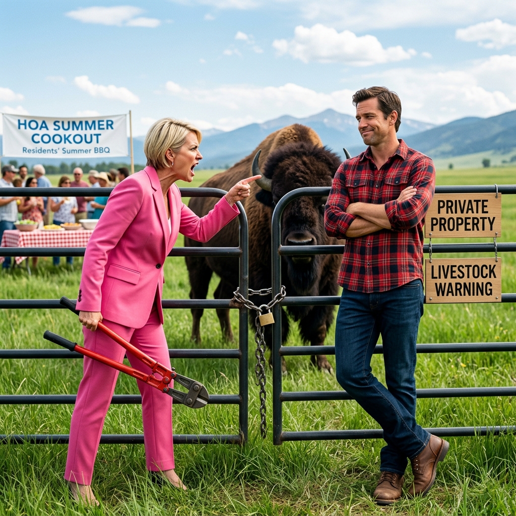 Kétszáz ember evett a földjén, mintha az övé lenne. Aztán a fasoron álló férfi a bölényekre hagyta a beszéd felét.  Garrett Hollis ötvenhárom éves, nyugdíjas építőmérnök Montanában, és az a fajta ember, aki két dolgot rendkívül jól ért: a birtokhatárokat és a türelmet.  Családja földje 1951-ig nyúlik vissza. Nem abban a homályos, érzelmi értelemben vett „családi föld”, amivel az emberek az összejöveteleken dobálóznak. Igazi föld. Felmért föld. Bejegyzett föld. Feljegyzett föld. Az a fajta föld, amely emléket őriz a kerítésoszlopokban, a fagyban, a patak iszapjában és a forró fű illatában júliusban. Mire Garrett örökölte az eredeti telek maradványait, évtizedeknyi adó, temetés és élet több mint háromszáz hektárról negyvenegyre csökkentette azt. Tizenegy hektárt megtartott magának, a fennmaradó harmincat pedig egy alacsony sűrűségű lakóparkká alakította, amelyet Highland Pines-nak hívtak.  És ott, a fejlesztés keleti szélén állt az a darab, ami mindent megváltoztatott: egy hét hektáros rét, amelyet Garrett a saját nevén tartott meg.  Nem társasházi föld. Nem közös terület. Nem megosztott tér.  Az övé.  Ez a részlet azért fontos, mert az egész háború akkor kezdődött, amikor egy nő úgy döntött, hogy nem.  Constance Whitfieldnek hívták.  Highland Pines-ba költözött, rekordidő alatt megválasztották a társasházi elnöknek, és azonnal úgy viselkedett, mintha az egész környék arra várt volna, hogy ő intézze. Először tipikus társasházi ostobaság volt: bejárati táblák, ünnepi fényekkel ellátott határidők, közösségi normáknak álcázott finom beavatkozás. Aztán elkezdte Garrett rétjét „a mi gyülekezőhelyünkként” emlegetni.  Nem magánéletben.  Hírlevelekben.  E-mailekben.  Megbeszéléseken.  Mindenhol.  És Garrett észrevette.  Az ügyvédje, Deline Oaks is, aki évekkel korábban teljesen biztos volt benne, hogy a rétet teljes jogi pontossággal kizárják a társasházi tervből. Deline még a záráskor figyelmeztette is, hogy egy nap valaki úgyis megpróbálja majd igényelni.  Igaza volt.  Constance hivatalosan is előterjesztett egy határozatot, amely Garrett rétjét „Highland Pines Közösségi Rendezvénytérnek” nyilvánította, fűnyírási ütemtervvel, lakóközösségi költségkezeléssel és a lakosok számára foglalási rendszerrel együtt. Mindezt Garrett beleegyezése és jogi felhatalmazás nélkül tette. Amikor Garrett tiltakozott, Garrett ellenségesnek nevezte. Amikor Garrett ügyvédje felszólítást küldött a tevékenység abbahagyására, Constance azt mondta a szomszédságnak, hogy Garrett megpróbálja megfélemlíteni a közösséget. Aztán fokozta a helyzetet.  Egy előíró jellegű szolgalmi jogról szóló elméletet vetett fel, amely olyan dolgokra épült, mint például a gyerekek, akik Hálaadáskor frizbiznek ott.  Pavilon, tűzrakóhely és parkoló bővítését javasolta a földjén.  Megyei engedélyt kért, amelyben ingatlanügynökként tüntette fel magát.  Megpróbálta átminősíteni a telek besorolását. Fegyverré tette a környékbeli Facebook-csoportot.  Teljes társadalmi nyomásgyakorló kampányt folytatott, hogy Garrett úgy tűnjön, mint az önző ember, aki „közösségi teret” halmoz fel.  És Garrett?  Nem panaszkodott. Nem posztolt. Nem vesztette el a türelmét.  Összeállított egy mappát.  Képernyőképek. Nyomtatott e-mailek. Megbeszélések felvételei. Tanúsított levelek. Közjegyzetek. Minden.  Mert Garrett értett valamit, amit Constance nem: az olyan emberek, mint ő, a fáradtságra támaszkodnak. Nem kell nyerniük a bíróságon. Csak elég idegesítővé, elég drágává és társaságilag elég kínossá kell tenniük az ellenállást ahhoz, hogy a másik feladja.  De Garrett nem adta fel.  Tervezkedett.  És amikor Constance bejelentette, hogy a társasház első éves nyári ünnepségét – bográcsozás, kerti játékok, jótékonysági tombola, zenekar, minden – közvetlenül a rétjén rendezik meg anélkül, hogy megkérdezték volna, Garrett végre meglátta a csapdát, amit Constance gondolt, hogy állít neki.  Fogadni mert volna, hogy nem akarna az a férfi lenni, aki lemond egy környékbeli grillezést.  Fogadni mert volna, hogy az optika felülmúlja a tulajdonjogot.  Amit nem tudott, az az volt, hogy Garrett már hónapokat töltött egy olyan pontos válasz kidolgozásával, amely szinte igazságtalannak tűnt.  Csendben beíratta a rétet Montana természetvédelmi legeltetési ösztönző programjába. A telket jogilag átminősítették mezőgazdasági hasznosításra.  Rendszeresen bekerítette és kifüggesztette.  Aztán, a lehető legmontanaibb lépésben, hat amerikai bölénnyel telepítette be.  Igazi, nagy, ősi, a főzőbulival teljesen összeegyeztethetetlen bölény.  Ez teszi a történet középpontjában álló képet olyan tökéletessé.  A társasházi rendezvény napján családok érkeztek hűtőtáskákkal és krumplisalátával. A bérelhető asztalok már a helyükön voltak. Constance mosolygott, úgy tett, mintha már nyert volna. Egy rendőrtiszt várt a közelben. Egy riporter állt a közterület szélén egy kamerával. Garrett megjelent a kávéjával, és végignézte az egészet.  Aztán, pontosan a számára rossz, és a számára pontosan megfelelő pillanatban, Constance csavarvágóval a legelő kapujához lépett.  Több mint száz ember. Egy kifüggesztett mezőgazdasági bekerített terület.  Hat bölény bent.  A tulajdonos ott állt.  Egy megyei rendőrtiszt látható. És a társasház elnöke úgy döntött, hogy fizikailag is elvágja a zárat, és kivezeti a környéket a legelőre.   Ekkor omlott össze minden.   Mert Garrett nem kiabált.   ŐNem sietett.  Nem csinált jelenetet.  Egyszerűen mindenki előtt közölte vele, hogy a zár az ő tulajdona, a kerítés az ő tulajdona, a rét az ő tulajdona, és ha elvágja, vádat akar ellene.  Aztán a helyettes lépett közbe. Aztán az ügyvéd előlépett.  Aztán előkerült a jogi mappa.  És akkor, mintha a nap nem lett volna már elég filmes, egy nyugdíjas tanárnő állt ki a tömeg elé, és nyugodtan elmagyarázta, hogy minden alkalommal dokumentálta, amikor Constance hazudott a környéknek Garrett földjéről.  Ekkor a közös buli megszűnt közösségi esemény lenni, és valami egészen mássá vált:  egy nyilvános leszámolássá.  Ha tudni szeretnéd, mi történt, amikor Constance megpróbálta elvenni Garrett Hollis rétjét – és miért vetett véget egy bezárt kapu, egy per és hat amerikai bölény a lakóközösség hatalmi játszmájának az egész környék előtt – olvasd el a teljes történetet a hozzászólásban 👇👇👇