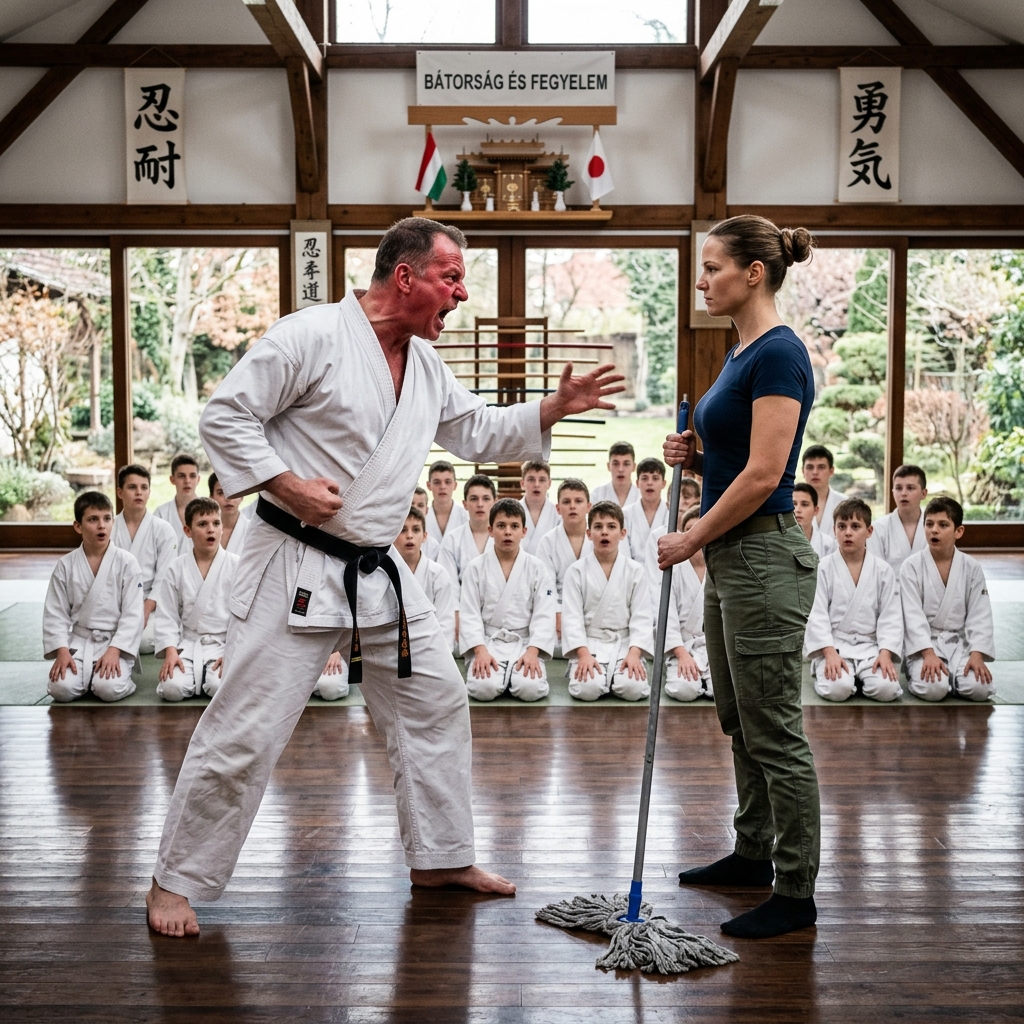 Egy fekete öves karateka ráordított egy egyszerű szobalányra, és megpróbálta megalázni az összes sportoló előtt, de a lány egyetlen gesztusa megdöbbentette az egész edzőtermet 😱😲 A karateteremben a szokásos zaj hallatszott. Kesztyűrúgások, rövid híváshívások, nehézkes légzés. A fiúk a határon dolgoztak, próbáltak nem veszíteni a tempóból és nem fáradtnak tűnni. Senki sem akart gyengének látszani.  Az edző biztosan átsétált rajtuk. Egy magas, erős férfi fekete övvel. A mozdulatai pontosak voltak, a tekintete vad. Nemcsak tanult, hanem nyomást is érzett. Hirtelen sikíthatott, abbahagyhatta az edzést, és valaki újra és újra ugyanazt ismételgette. Számára csak az eredmény létezett. A hibákat nem bocsátják meg, a gyengeség megveti.  Szerette érezni a hatalmat. Szerette, ha egyszerre félnek tőle és tisztelik. Gyakran ismételgette, hogy ő az igazgató ebben a teremben, és az ő szava a törvény.  Egy ponton az egyik diák véletlenül vizet öntött a padlóra. Mocsár keletkezett közvetlenül az edzőterületen, és ez veszélyessé vált. Lehet, hogy valaki megcsúszott és megsérült.  Behívták az irodai hölgyet.  Egyik percben egy lány lépett be a tornaterembe. Fiatal, nyugodt, egyszerű munkaruhában. Kezében egy felmosó. Nem figyelt a külsőségekre, egyenesen a pocsolyához ment, és óvatosan elkezdte feltörölni a vizet.  Eleinte senki sem vette észre. De az edző észrevette.  Hirtelen megállt, felé fordult és összevonta a szemöldökét.  — Zavarod azokat, akik edzenek. Tűnj innen!  Nem válaszolt azonnal. A felmosó még egyszer átsétált a padlón, és csak akkor nézett fel.  — Kihívtál. Gyorsan feltakarítok és elmegyek.  Az edző elmosolyodott, de a haragja már érződött a mosolyában.  — Itt én döntöm el, ki mit csinál. Azt mondtam, menj el, vagy kirúglak.  “Te nem vagy a főnököm” – válaszolta nyugodtan. — Nem rúghatsz ki.  A tornaterem egyre csendesebb lett. A diákok elkezdtek egymásra nézni.  Az edző egy lépést tett előre. A hangja olyan zsibbadttá vált.  — De össze tudok törni neked valamit. Szóval jobb, ha elmész, amíg még egész vagy.  A lány nem fogta vissza magát. Szó szerint félelem nélkül nézett rá. — Vagy mi? Meghúzta az övet, mintha aláhúzná. — Látod ezt a fekete övet? Tudod, mit jelent? De mi a baj… Dolgozó nő és sport – távol állnak egymástól. Menj el, mielőtt megbánod.  Néhány diák némán elmosolyodott, mások elnéztek. Mindenki arra várt, hogy mi lesz a vége. A lány lassan lélegzett, majd nyugodtan hagyta a felmosót a padlón. — Nem fogom eltűrni ezt az arroganciát. A terem teljesen elcsendesedett. Az edző elvesztette az önuralmát. Harci pozícióba helyezkedett, biztos volt az erejében és abban, hogy gyorsan le fogja győzni. A diákok azonnal nagyon izgatottak lettek. Néhányan előrehajoltak, várva a show-t. Hirtelen rúgást mutatott be – jellegzetes mozdulata, amellyel még a legerősebb sportolók is célba találtak. De abban a pillanatban valami olyasmi történt, amire senki sem számított. 😨😱 A történet folytatása az első kommentben található 👇👇