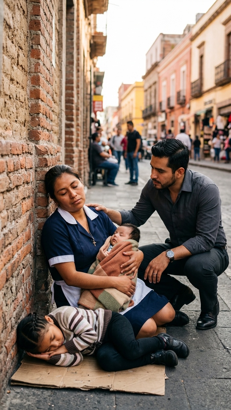 Der Millionär, der seinen Angestellten schlafend mit seinen Kindern auf der Straße fand und das schlimmste Geheimnis seiner eigenen Familie entdeckte TEIL 1 Alejandro Vargas hielt seinen Mercedes-Lkw um 5:47 Uhr morgens in einer ruhigen Straße in Polanco an. Die Kälte in Mexiko-Stadt war schneidend, der Geruch von nassem Asphalt und Regen der vergangenen Nacht drang bis in die Knochen. Ihr perfekter Alltag wurde jäh unterbrochen, als ihr Blick auf den Klumpen an einer Backsteinmauer fiel, umgeben von zerknüllten Pappkartons. Es war nicht nur eine Person. Es war eine Frau, die sich zusammengekauert hatte und einen menschlichen Schutzschild bildete. Neben ihr, an ihre Rippen gepresst, lag ein kleines Mädchen, vielleicht vier Jahre alt, dessen eiskalte Finger sich an die Bluse der Frau klammerten. In den Armen der Mutter, eingehüllt in eine zerrissene Decke, die den eisigen Wind nicht abhalten konnte, lag ein Baby, kaum ein Jahr alt. Alejandro stockte der Atem, als er die Farbe des Stoffes erkannte. Es war die hellblaue Uniform mit dem kleinen, gestickten Logo seines Hauses. Es war die Uniform von Guadalupe, der Frau, die jeden Tag aus dem Bundesstaat Mexiko durch die Stadt fuhr, um ihr Haus zu putzen. Alejandros Hände umklammerten das Lenkrad. Er beobachtete seinen flachen Atem, wie Guadalupes Körper die beiden Kinder schützend umschloss und ihnen die letzte Spur menschlicher Wärme schenkte.  Alejandro stieg aus dem Wagen. Die Stille des frühen Morgens in der Hauptstadt war absolut. Er hielt vor ihnen an und sah Guadalupe zum ersten Mal seit 18 Monaten im Dienst wirklich. Nicht als die stille Präsenz, die den Marmor ihres Hauses makellos sauber hielt, sondern als eine Mutter, die am Rande des Überlebens stand.  Guadalupes Augen öffneten sich langsam. Zuerst war da Verwirrung, dann Erkenntnis und schließlich blankes Entsetzen. Er setzte sich abrupt hin und zog instinktiv die beiden Kinder an sich. Das Baby stöhnte. Die Augen des vierjährigen Mädchens öffneten sich gerade paarweise.  „Beruhig dich“, sagte Alejandro leise und streckte eine Hand aus. „Ich bin nicht hier, um ihnen weh zu tun.“  Doch die Scham in Guadalupes Gesicht war herzzerreißend. Ihre Hände zitterten, als sie versuchte, ihre zerknitterte Schürze glattzustreichen – ein verzweifelter Versuch, einen Rest Würde zu bewahren.  „Herr Alejandro, ich bitte Sie, verabschieden Sie sich nicht von mir … Ich kann es erklären“, flehte sie mit gebrochener Stimme.  „Nein“, erwiderte er bestimmt. „Zuerst fahren wir in die Wärme. Bitte steigen Sie ins Auto.“ Das Wort „bitte“ brach den Widerstand der Frau. Er setzte zuerst die kleine Valeria, dann Matthew auf den Wagen und machte es ihnen auf den Ledersitzen bequem, die er nicht schmutzig machen wollte. Alejandro fuhr sie zu einem kleinen Lokal, das vor Tagesanbruch für die Arbeiter der Gegend öffnete. Er bestellte alles: Ranch-Eier, süßes Brot, heiße Schokolade und Milch. Valeria aß, als hätte sie den Geschmackssinn vergessen. Guadalupe blickte seine Tochter an, die Augen voller zurückgehaltener Tränen. Die Last des Versagens erdrückte seine Seele. Drei Tage lang hatte er sie belogen, ihr Essensreste gegeben und ihr gesagt, sie hätte keinen Hunger.  Alejandro sah die beiden Kinder mit einem unergründlichen Ausdruck an.  „Wie lange schon?“, fragte er und durchbrach die Stille. Guadalupe schluckte und blickte zu Boden.  „Fünf Tage.“ Alejandros Kiefer war angespannt. „Fünf Tage auf der Straße? Und trotzdem hast du jeden Morgen mein Haus geputzt? Warum hast du mir nichts gesagt? Warum hast du nicht um Hilfe gebeten?“ Guadalupe stieß ein bitteres, leeres Lachen aus. Er blickte auf, und in seinen Augen lag ein alter, tiefer Schmerz.  „Weil in Ihrem Haus, Herr, die Armen keine Probleme haben dürfen. Wenn er etwas erzählt hätte, hätte mich seine Tante Leticia für immer auf die Straße gesetzt.“  Die Worte trafen Alejandro wie ein Schlag. Der Name seiner eigenen Tante hatte ihm gerade den Boden unter den Füßen weggezogen. Ihr werdet nicht glauben, was jetzt passiert… Teil 2 findet ihr in den Kommentaren 👇