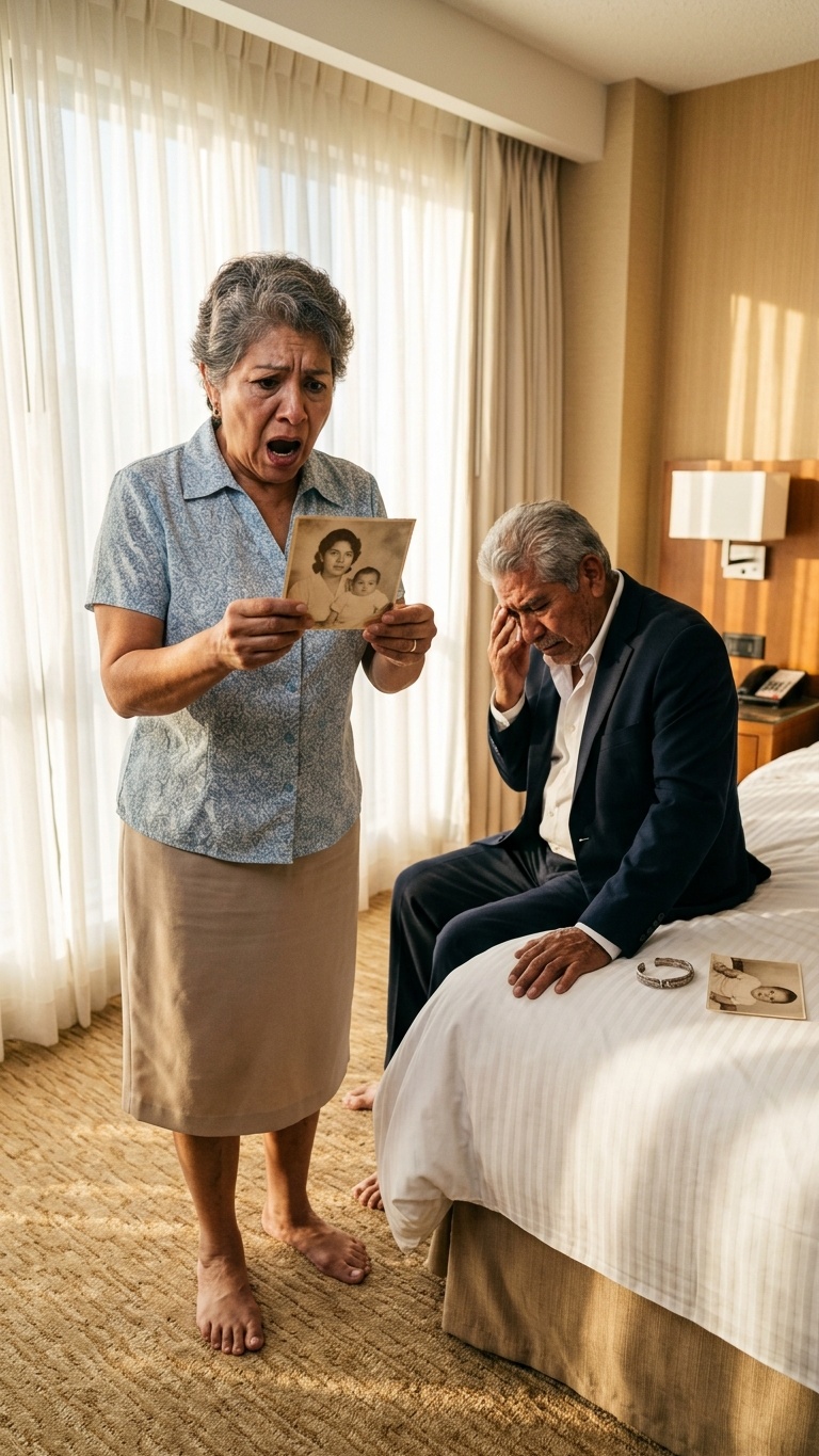 Ich schlief mit 65 Jahren mit einem Fremden, und am nächsten Morgen fand ich ihn weinend vor, mit dem Foto meines Sohnes, der vor 40 Jahren „gestorben“ war.  TEIL 1 Ofelia schlief mit 65 Jahren mit einem Fremden, um nicht als Witwe zu sterben. Am nächsten Morgen, als das graue Licht durch die billigen Vorhänge eines Hotels am Stadtrand von Puebla drang, öffnete er die Augen, und das Erste, was er spürte, war die schwere Last der Schuld, vermischt mit dem Geruch von billigem Whisky und gebrauchter Bettwäsche. Er saß bereits auf der Bettkante und hatte ihr den Rücken zugewandt. Sie trug ihr Hemd, und ihre Schultern bebten stumm und heftig. Ich weinte. Ofelia war seit drei Jahren Witwe, seit Ephraín gestorben war. Ihre einzige Tochter Marcela rief sie nur an, um sie um Gefallen oder Unterschriften zu bitten. Mit 65 suchte Ofelia keine Liebe, keinen Ehemann, nicht einmal eine romantische Affäre. Sie wollte nur spüren, dass ihr Körper noch atmete. Ich hatte diesen Mann am Abend zuvor in einem Ballsaal für ältere Damen in der Innenstadt kennengelernt, einem Ort, an dem alte Tänze und Cumbias widerhallten und wo Frauen sich eher aus Würde als aus Hoffnung schminkten. Arturo, wie er genannt werden wollte, hatte sie zum Tanz aufgefordert. Sie hatte graues Haar, einen makellosen dunklen Anzug und einen Blick, der keine verzweifelte Lust, sondern eine tiefe Traurigkeit widerspiegelte, die sie sofort erkannte.  Sie tanzten zu viert. Dann tranken sie zwei Kaffees und drei Schnäpse. Ophelia, die sich nach jemandem sehnte, der sie ohne Mitleid berührte, wurde in jenes Hotelzimmer mit der Nummer 8 an der Tür getragen. Die Begegnung war dringend, unbeholfen, chaotisch, aber zutiefst echt.  Doch die Stille dieser Morgendämmerung wurde jäh unterbrochen, als ich ihn weinen sah. Ophelia hatte sich langsam auf die durchgelegene Matratze sinken lassen.  „Was hast du da?“, fragte sie mit schnarchender Stimme. Arthur wandte den Blick ab. Ihre Augen waren blutunterlaufen, ihr Gesichtsausdruck völlig gebrochen. Zwischen ihren zitternden Fingern hielt sie ein altes Foto mit vergilbten Rändern. Ofelia gewöhnte sich an das Licht, und ihr stockte der Atem. Es war ein Foto von ihr mit 25 Jahren. Sie trug kurzes und langes Haar, ein schlichtes weißes Kleid und ihren sieben Monate alten Babybauch, den sie mit einem Blumenstrauß zu bedecken versuchte.  Das Bild hatte ihr verstorbener Mann auf der San Francisco Fair aufgenommen, nur zwei Monate vor der Tragödie. Zwei Monate, bevor die Ärzte ihr sagten, ihr Baby sei tot geboren. Zwei Monate, bevor ich eine kleine, versiegelte Schachtel im städtischen Pantheon vergrub.  „Woher hast du das?“, fragte Ofelia und riss ihr das Papier mit einer abrupten Bewegung aus der Hand. Arturo schluckte und sah sie wie einen Geist an.  „Ich habe dich an den Ohrringen erkannt, die du gestern Abend abgenommen hast“, flüsterte er und zog eine abgenutzte Brieftasche aus seiner Tasche. Darin holte er ein weiteres Foto heraus und legte es auf die Laken. „Ich war 22 Jahre alt, als mir dieses Baby geboren wurde.“ Ofelia betrachtete das zweite Bild. Er war ein Neugeborenes, eingewickelt in eine blaue Krankenhausdecke. Und am Rand des Stoffes, mit Klebeband befestigt, hingen dieselben Ohrringe aus Altgold mit grünen Steinen, die sie in der Nacht ihrer Entbindung getragen hatte. Es war unvorstellbar, welch ein Albtraum sich nun entfalten sollte.  Teil 2 findet ihr in den Kommentaren 👇